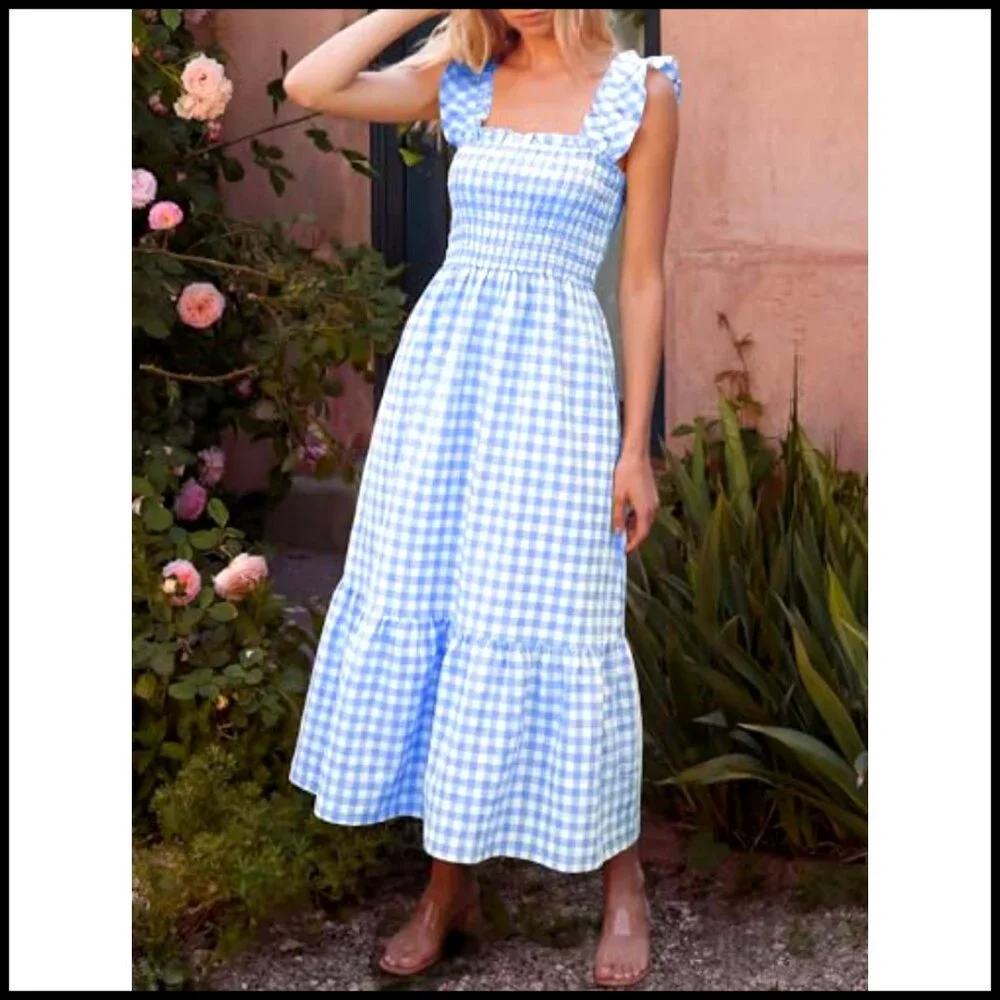 Summer Maxi Dress Spaghetti Strap Smocked Gingham Casual Long Sundress - Picture 3 of 7